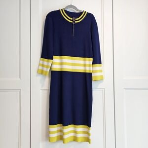 QED London Elegant Navy Knit Yellow Stripe Long Sleeve Midi Halfzip Dress